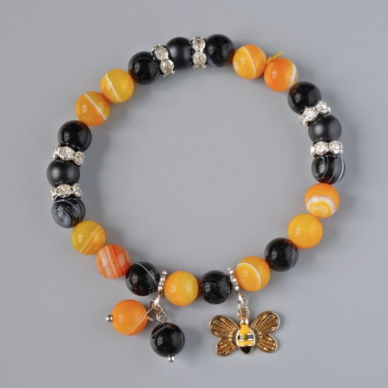 Bracelet of Shungite and Agate, black and orange, smooth bead, 8 mm diameter, 18 cm length, stretch (elastic) with metal inserts and rhinestones