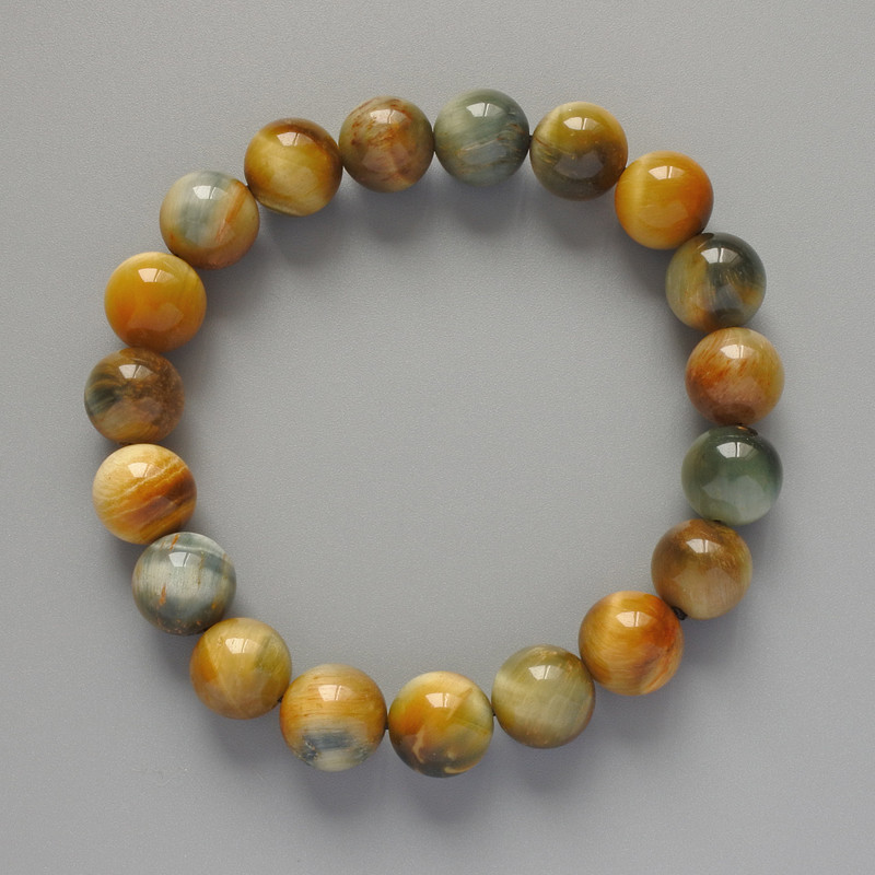 Bracelet Yellow-Gray Cat's Eye natural stone smooth bead, diameter 10.5 mm, length 18 cm ± (stretch)