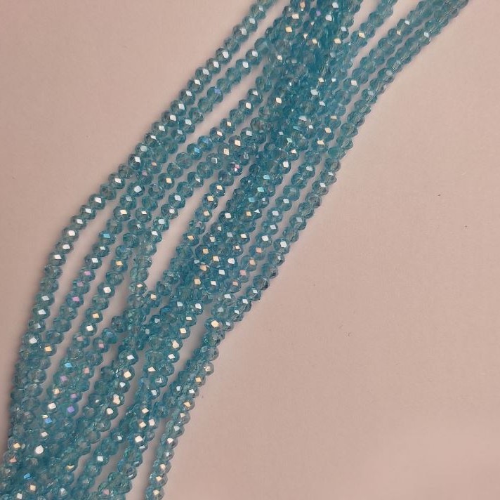 Blue Czech Crystal Beads on Thread, Gasoline-Iridescent, Faceted Rondel, Diameter 3.5×2.5 mm, Length 38 cm