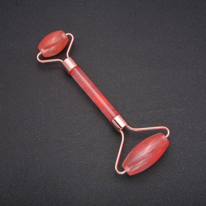 Roller Massager with Chalcedony Stone, Golden Metal, Length 14.5 mm