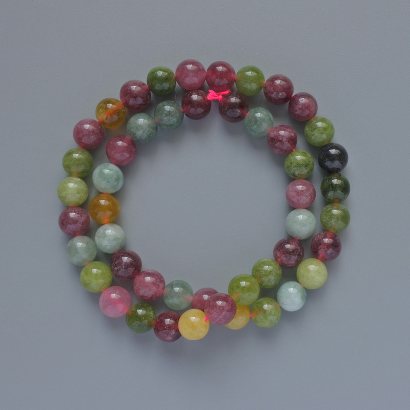 Natural tourmaline beads, smooth round spheres, 8 mm diameter, about 38 cm long on a thread