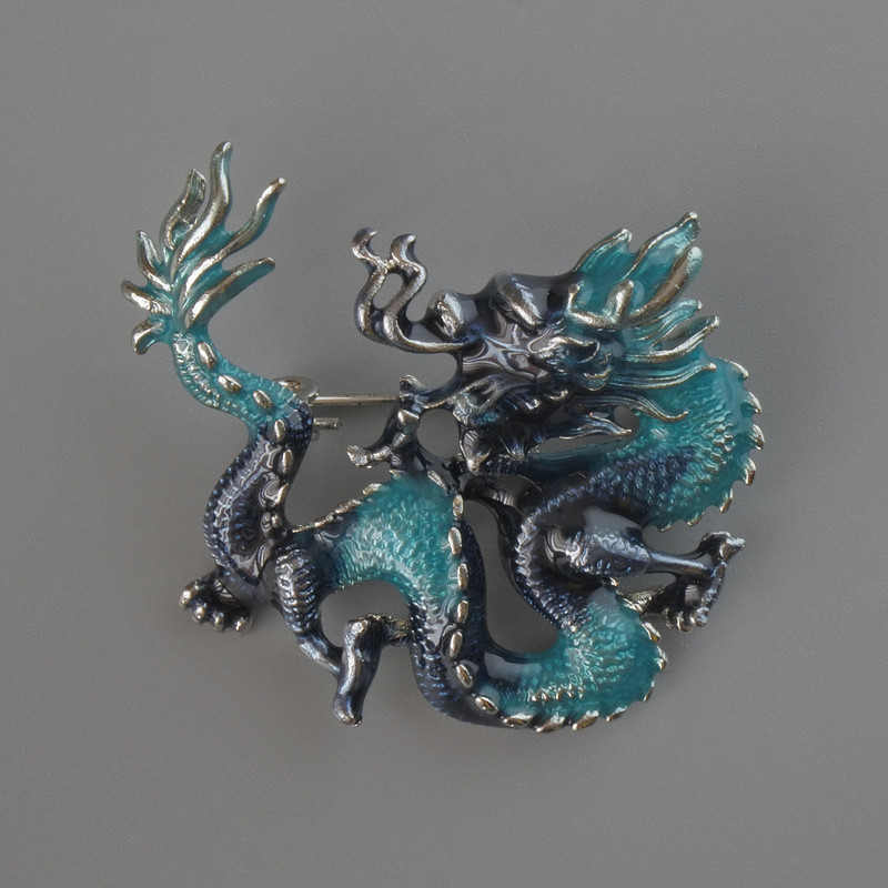 Dragon brooch pendant with blue and azure enamel, silver-tone metal 44×37 mm