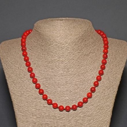 Natural Coral Necklace with Smooth Round Beads, 9 mm Diameter, 45 cm Length