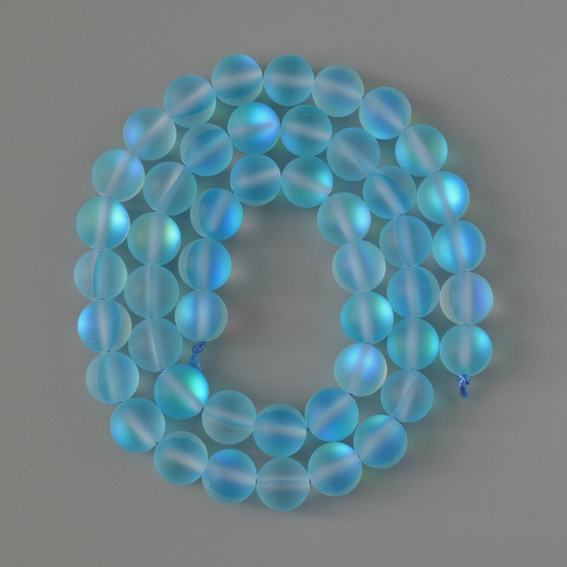 Opal glass beads, smooth blue matte chameleon sphere, 8mm diameter, 38cm length on thread