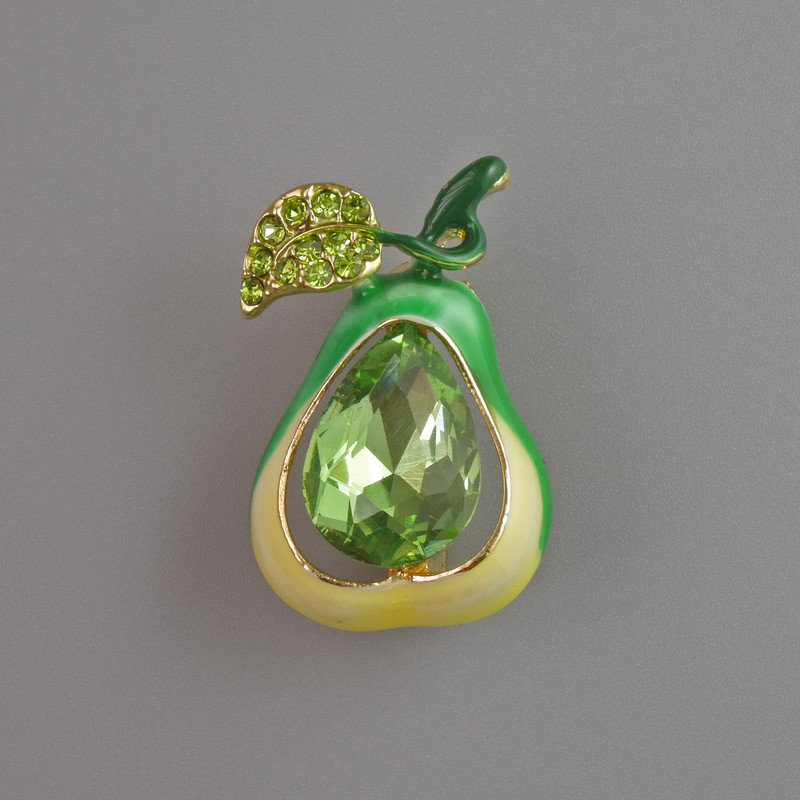 Pear Brooch, green enamel, crystals and rhinestones, gold-tone metal, 25×17 mm