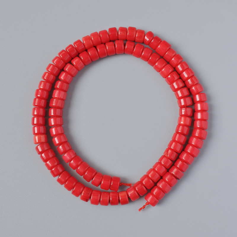 Natural Coral Beads, disc-shaped, 6x4 mm diameter, 41 cm on thread