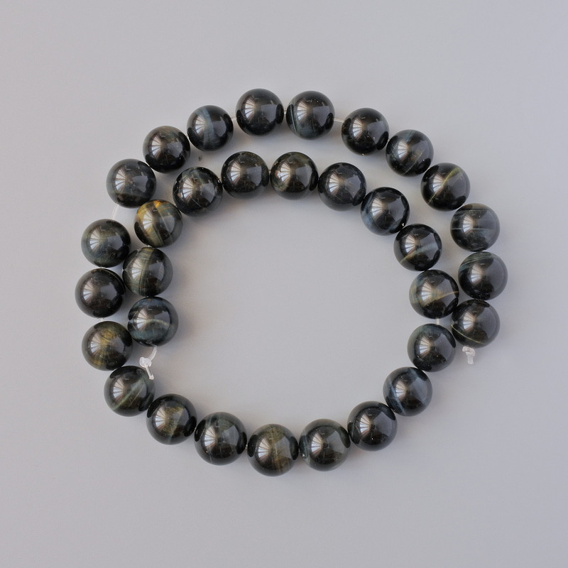 Hawk's Eye Beads, natural stone, smooth round beads, diameter 12 mm, length 38 cm, on thread