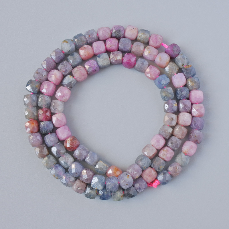 Beads Sapphire and Ruby natural stone faceted cube, diameter 4mm+-, length 39cm+- on a string