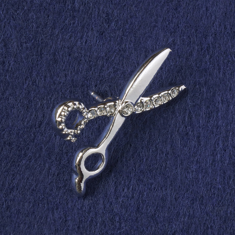 Brooch 'Scissors' with White Crystals, Silver Metal 31×21 mm+