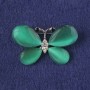 Butterfly Brooch with Green Cat's Eye, White Rhinestones, Silver-Toned Metal 25x38mm+