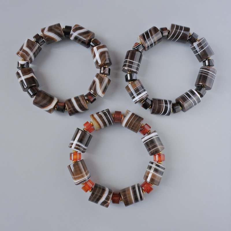Brown Agate Bracelet, natural stone cylindrical beads, diameter 15x18 mm, 10x6 mm +-, length 18 cm +- (stretch) with inserts