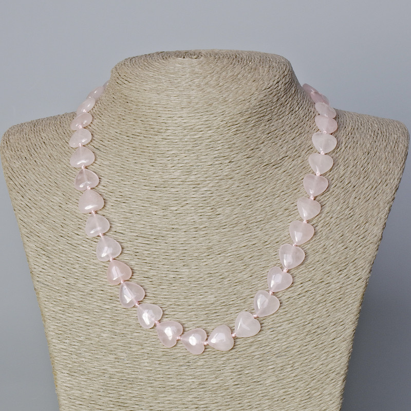 Necklace with Rose Quartz natural stone heart beads, diameter 12x12x5 mm, length 45-47 cm ±