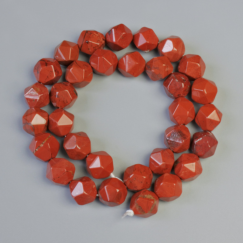 Red Jasper Beads, Natural Stone, Faceted, Diameter 10x12 mm, Length 37 cm on Thread