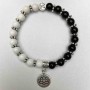 Bracelet Black and White Agate with Smooth Beads, 8mm Diameter ±, Stretch, Length 18 cm ±, with Metal Inserts