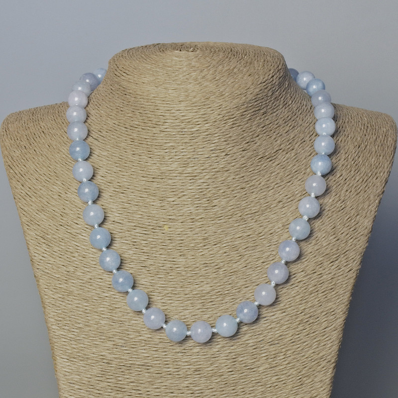 Blue Agate Chalcedony Necklace, Natural Stone, Smooth Beads, 10.5 mm Diameter, 45-49 cm Length