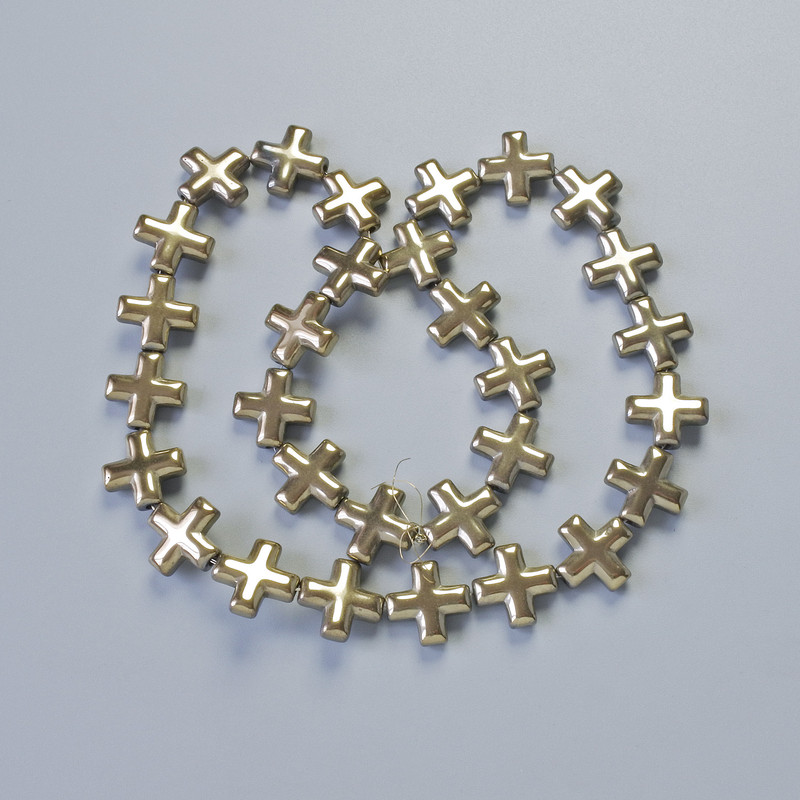 Hematite Beads 'Cross' Light Bronze Color, Diameter 12.5×12.5 mm ±, Length 40 cm ± on Thread