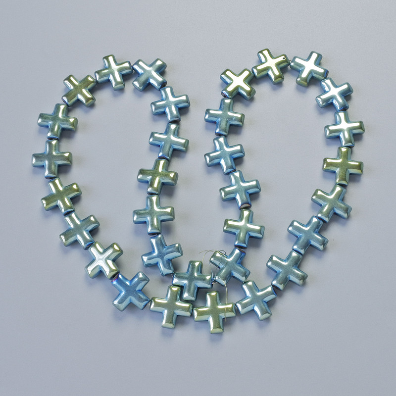 Hematite Beads 'Cross' Green-Blue Color, diameter 12.5×12.5×4 mm, length about 40 cm on thread