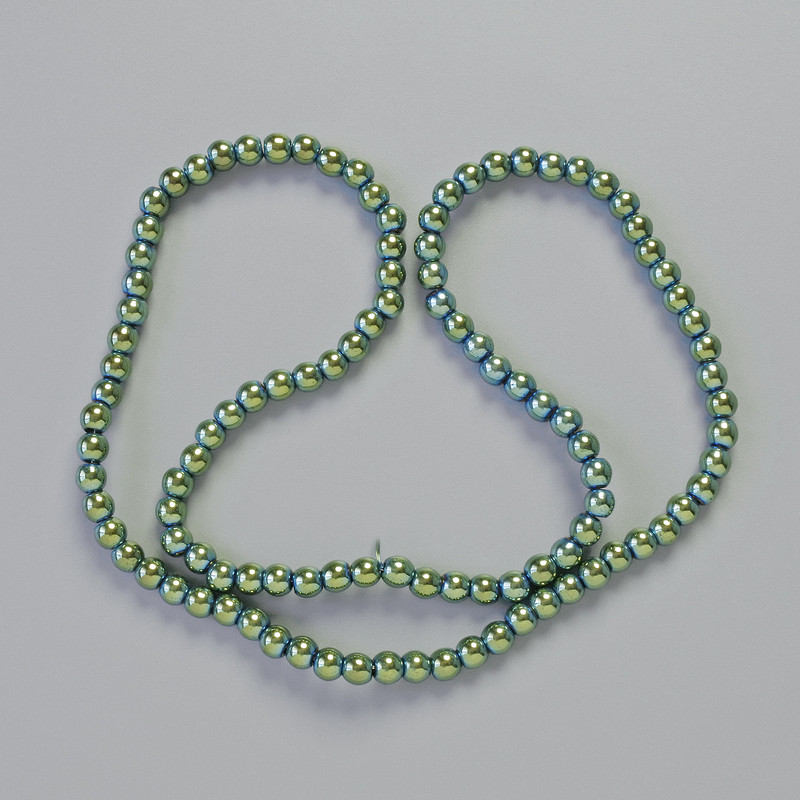 Hematite beads, ball shape, green chameleon color, 4 mm diameter, 42 cm length, on thread