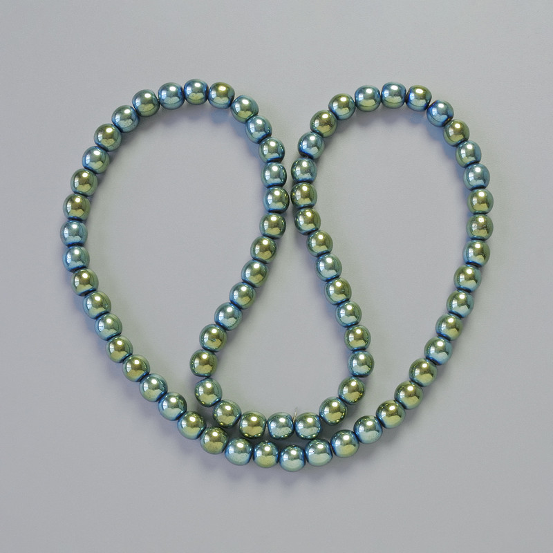 Hematite Beads, Round Ball, Chameleon Green Color, 6 mm Diameter, 42 cm Length on Thread