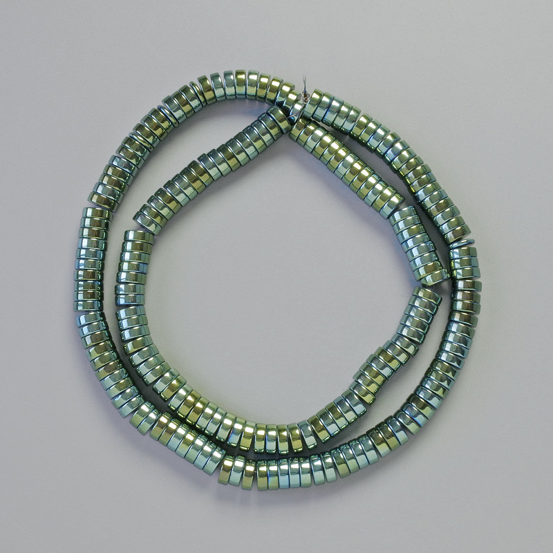 Hematite Rondelle Bead Inserts, Chameleon Green, 6x2 mm, 42 cm on thread