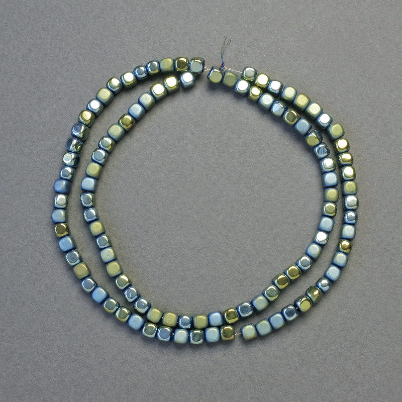 Hematite beads - cube-shaped, green chameleon color, matte and glossy finish, 4x4 mm, 40 cm strand