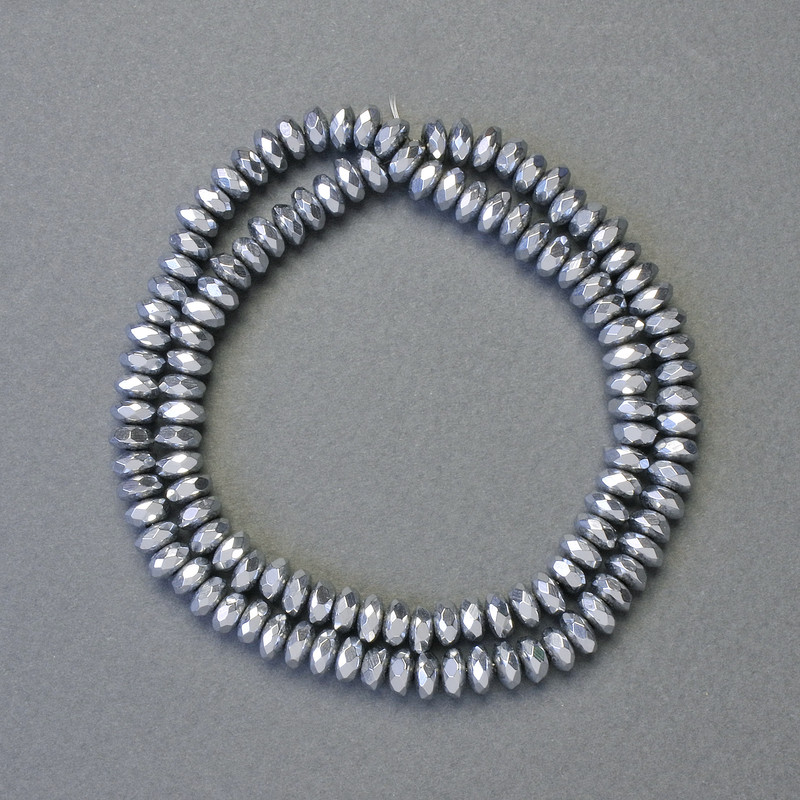 Hematite faceted rondelle beads, silver color, diameter 6x3 mm, length 42 cm, strand
