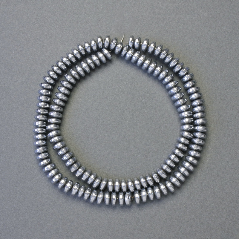 Hematite rondelle beads, silver color, 6x3 mm diameter, 42 cm strand