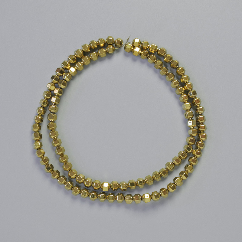 Hematite beads, small hexagonal facets, golden color, 4×4 mm diameter, 41 cm strand ±