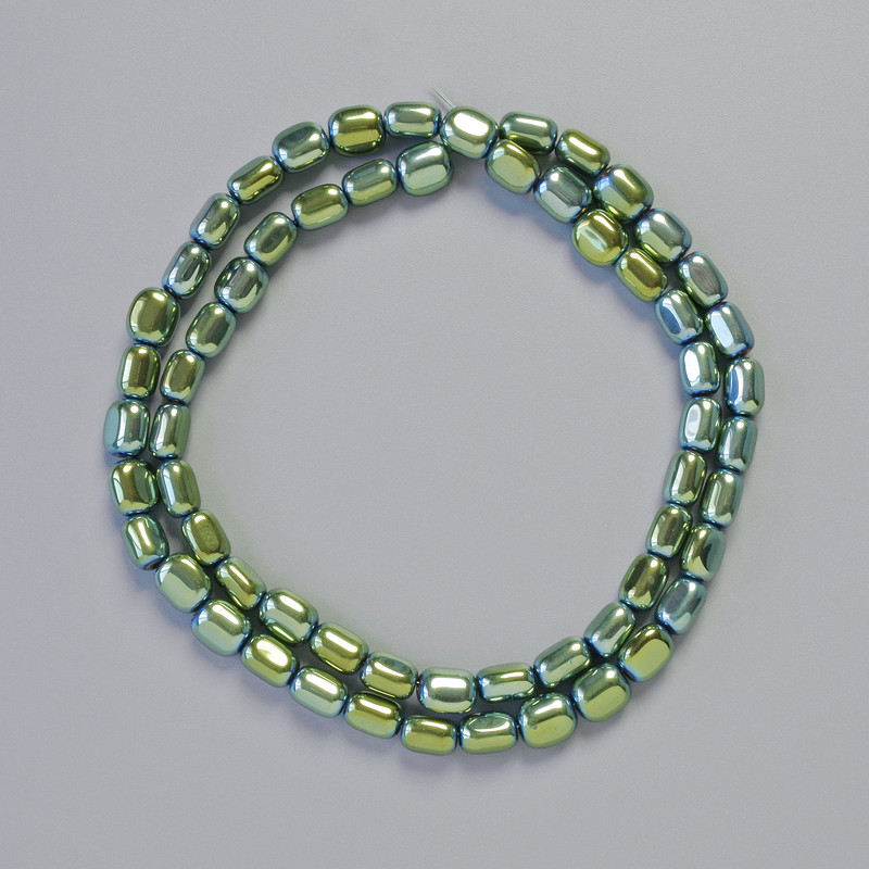 Hematite beads, oval, green chameleon color, 7×6 mm diameter, 40 cm length strand