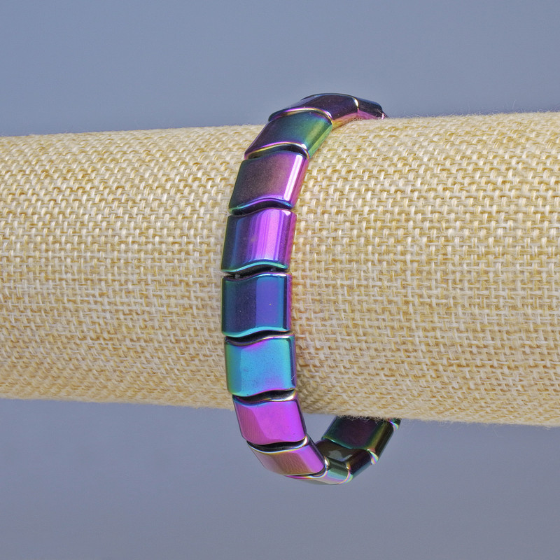 Hematite bracelet in 'gasoline wave' color, 12x10 mm diameter, 18 cm length, on elastic band