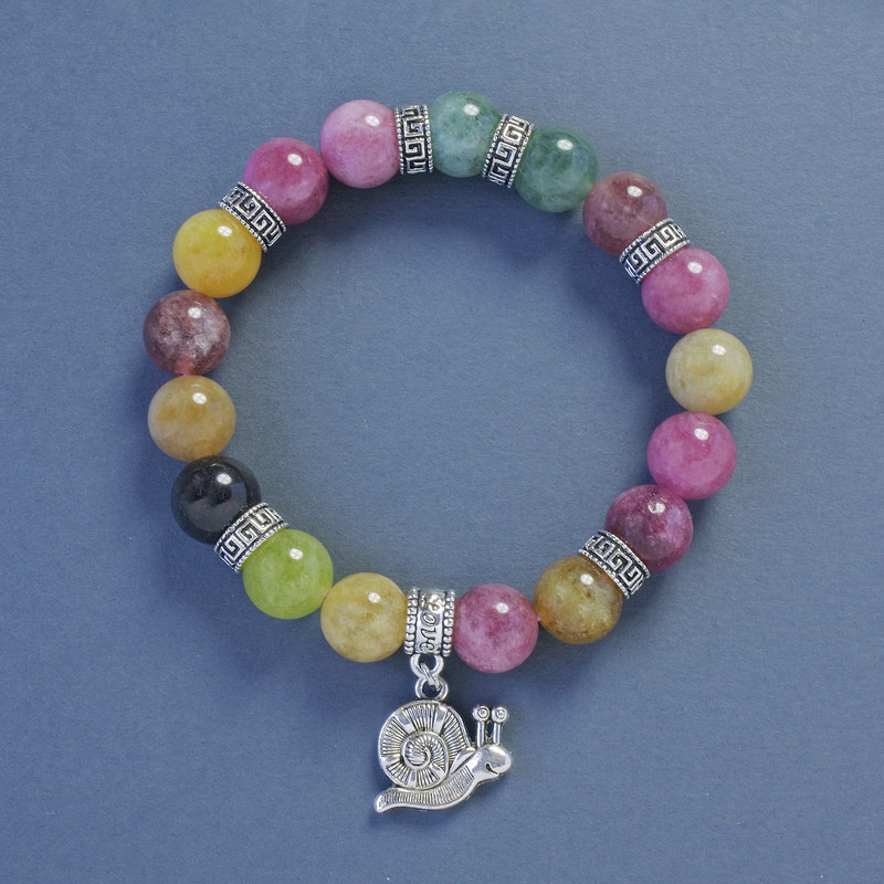 Tourmaline Bracelet with Smooth Beads, 10 mm Diameter, 18 cm Length ±, Elastic with Snail Pendant