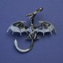 Dragon brooch-pendant, gray-white enamel, red crystals, silver-colored metal, 48×45 mm