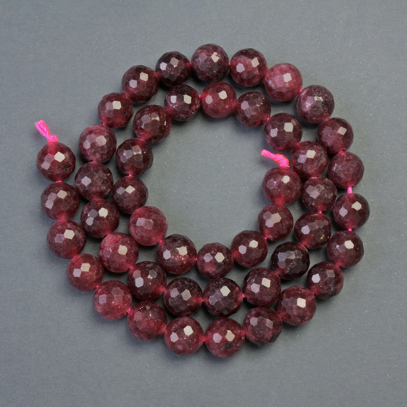 Rubellite Beads on a Cord — Natural Stone, Faceted Bead, Diameter 8 mm, Length 38 cm
