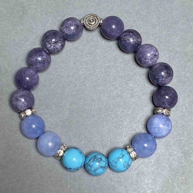 Bracelet with Tanzanite, Turquoise and Aquamarine inlays, 10 mm diameter ±, 18 cm length ±, stretch