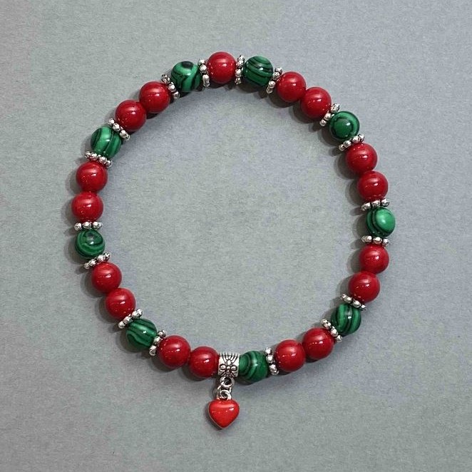 Coral Malachite Bracelet (synthetic) with Cherry Pendant, diameter 6-7 mm, length 18 cm, stretchable