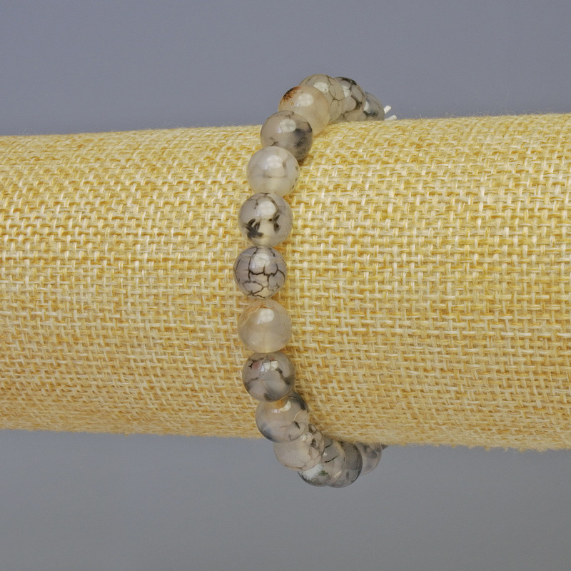 Dragon Vein Agate Bracelet with Smooth Beads, 8 mm Diameter, 18 cm Length, Stretch