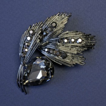 Boutonniere brooch pendant with a large dark gray crystal and black rhinestones, mm+- dark-silver-toned metal