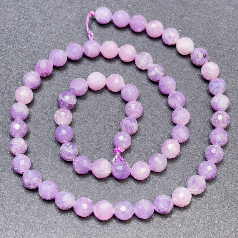 Lepidolite Beads on Thread, Faceted Spheres, 6 mm Diameter, 36 cm Long