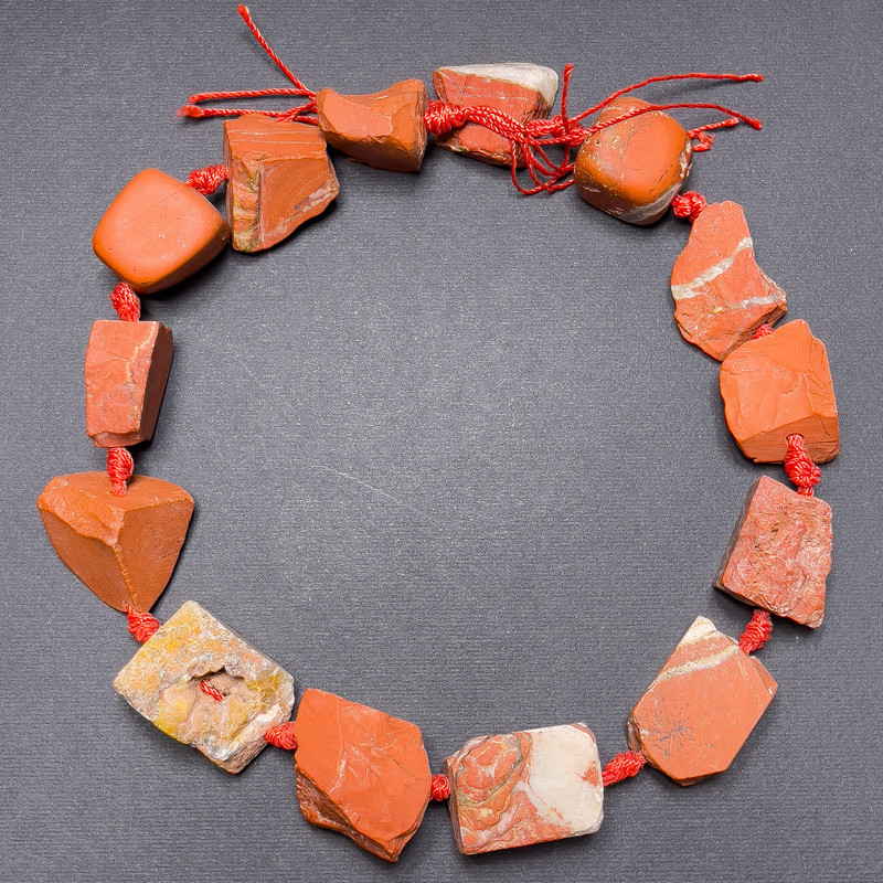 Red Jasper Beads, Unpolished Natural Stone, Faceted, On Thread, Ø 28×22 mm +-, Length 43 cm +