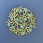 Brooch pendant with blue flowers and blue crystals, gold-tone metal, diameter 60 mm+