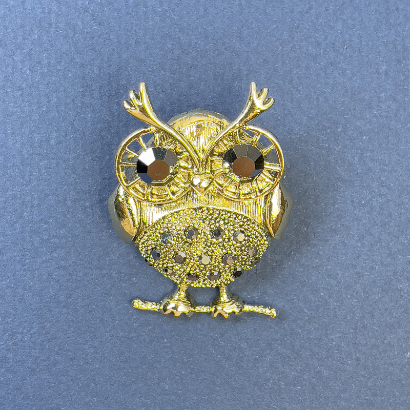 Brooch-Pendant Owl with Gray Crystals, Golden Metal, Diameter 28mm±, Length 38mm±