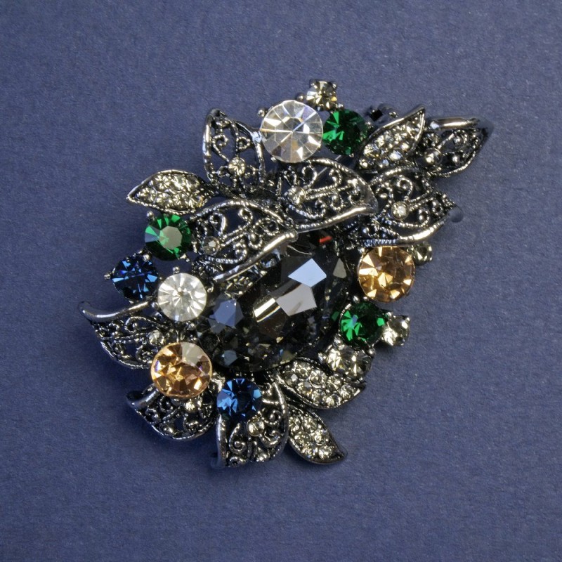 Accent Brooch with Multicolored Rhinestones 48x35mm +/- Silver-Tone Metal