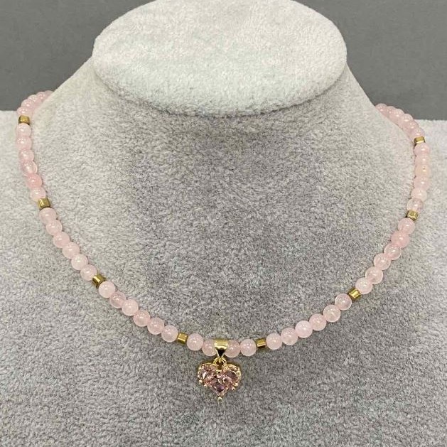 Pink Quartz Choker with Heart Pendant, Smooth Beads 4 mm ±, Hematite Cubes 3 mm ±, Heart Pendant 12 mm ±, Length 36 cm ± with Extender Chain