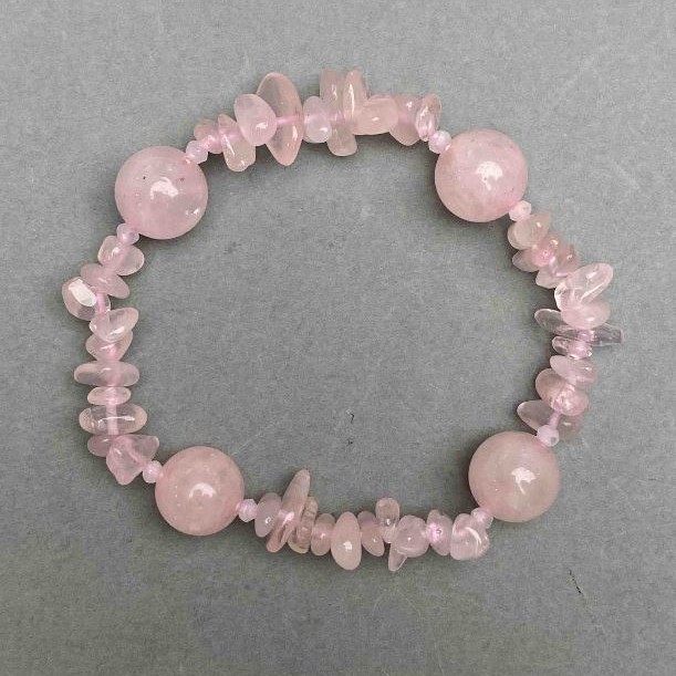 Bracelet Pink Quartz, Smooth 12 mm Beads with 8x4 mm Chips, with Seed Beads, Length 18 cm, Stretchy