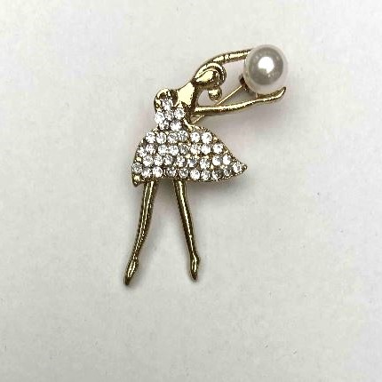 Sale! Ballet Dancer Brooch with Pearl Bead and White Crystals, 36×20 mm, Gold-Tone Metal