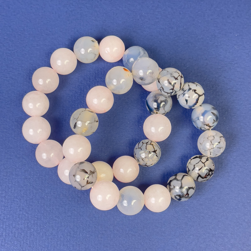 Bracelet Set: Rose Quartz and Dragon Vein Agate, smooth 12 mm beads, 18 cm length, stretch