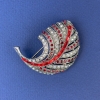 Sale! Feather Brooch with White and Red Crystals, dark-silver-toned metal, diameter 47×34 mm +