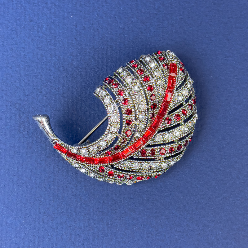Sale! Feather Brooch with White and Red Crystals, dark-silver-toned metal, diameter 47×34 mm +