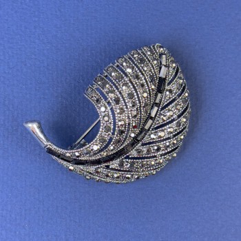 Sale! Feather Brooch with Gray and Black Rhinestones, Dark-Silver Metal, Diameter 47 x 34 mm +