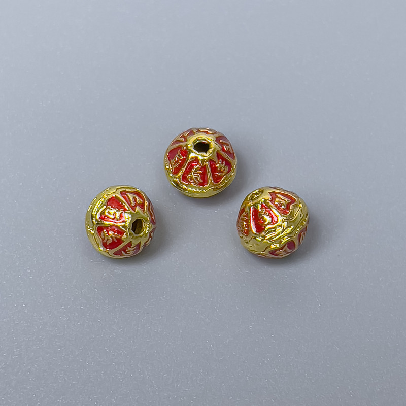 Cloisonné Bead with Red Enamel, 7x6 mm, hole diameter 1 mm, gold-tone metal, 1 piece
